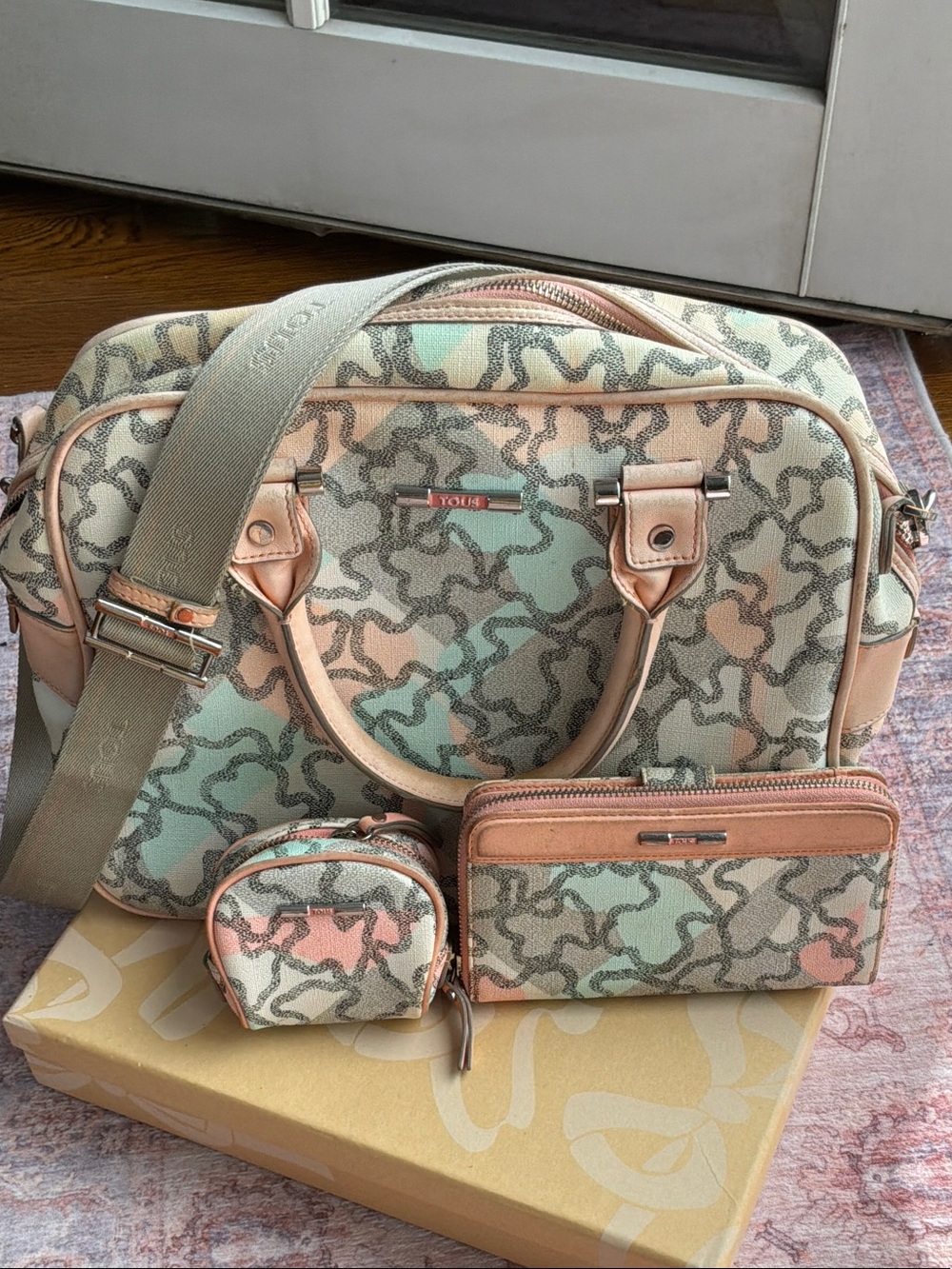 TOUS Pastel Pink and Mint Logo-Pattern Travel Duffel with Matching Wallets